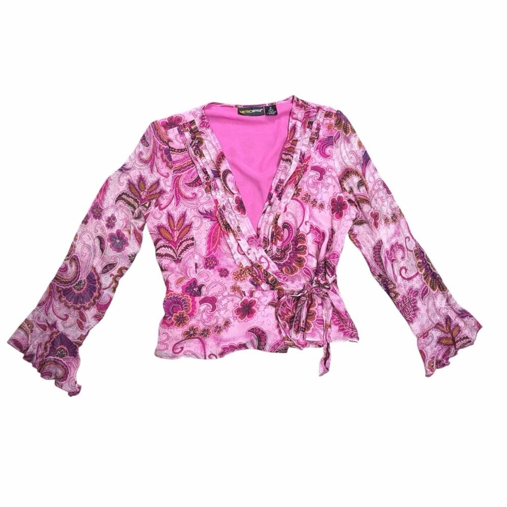 MetroStyle Silk Wrap Top Pink Paisley Floral Ruffle Cuff Blouse Size 10